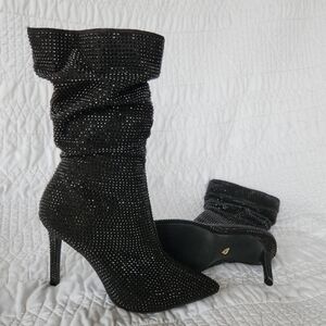 Thalia Sodi Black Rhinestone Slouchy Stiletto Ankle Boots – Sparkly Party Heels